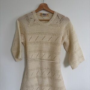 Vintage Icelandic 100% Wool Dress | White Cream Eyelet Pointelle Knit Lace